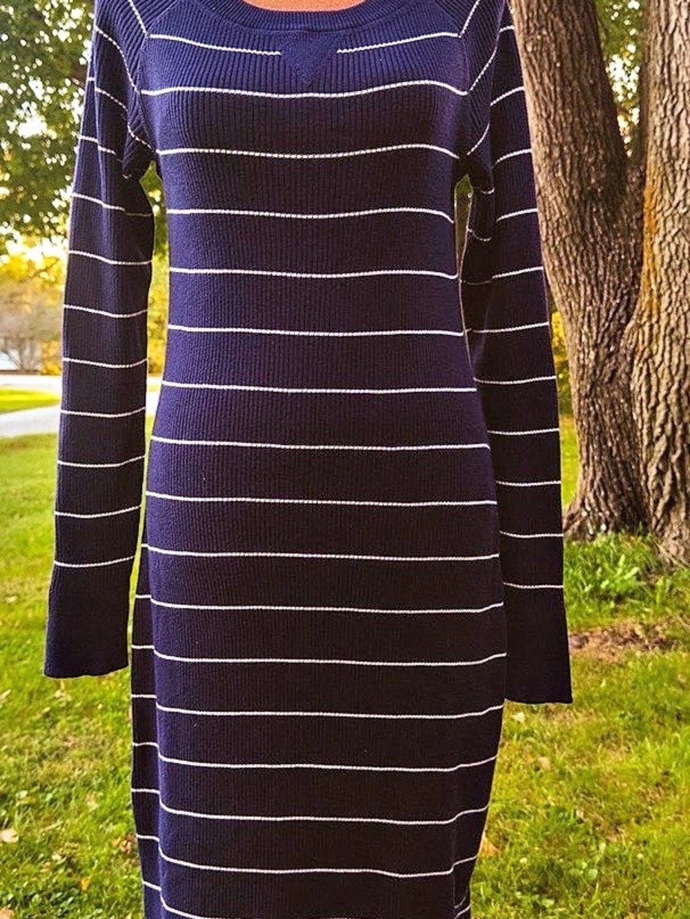 Lauren Jeans Co Ralph Lauren Navy White Striped Cotton Sweater Dress M Y2K